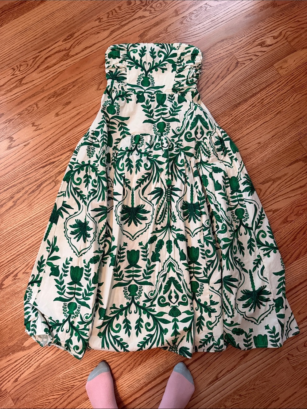 Strapless Green Floral Midi Dress in Cream